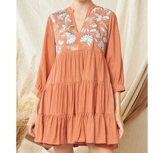 Entro Women's Tiered V-Neck Embroidered Mini Bohemian Dress